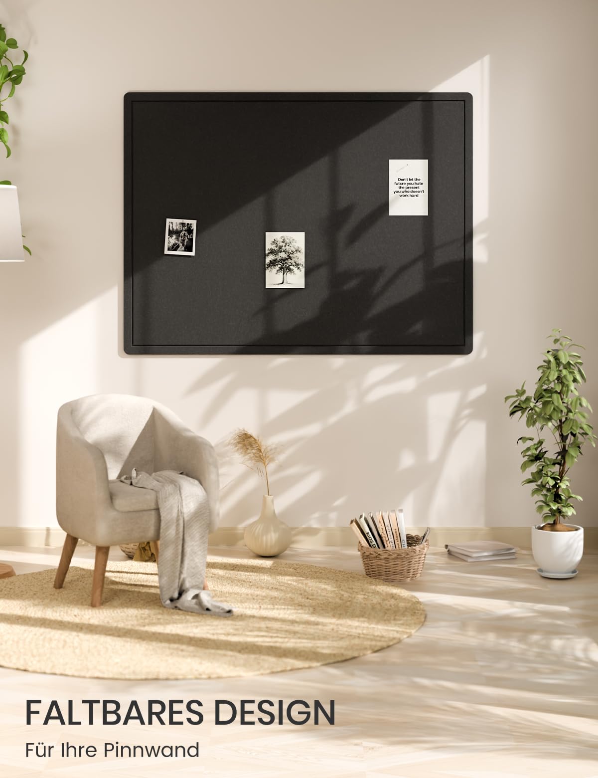 Fluxynara Large Bulletin Board, 47.2" x 35.4" Cork Board Alternative with 24 Safe Removable Adhesive Tabs, Foldable Felt Pin Board for Home Office, Classroom, Bedroom,Entryway for Walls— Black