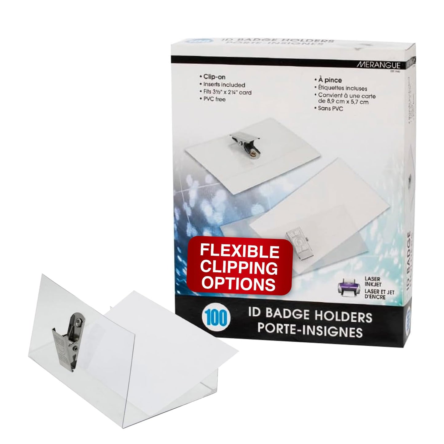 Merangue ID Badge Holder, Versatile ID Card Holder with Clip, PVC-Free Plastic Name Tag Holder with Paper Inserts, Fits 3.5” x 2.25” Cards, Pack of 100, Clear