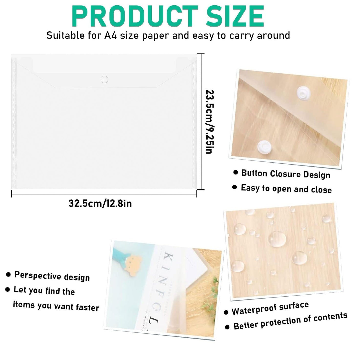 100 Pcs Transparent File Folders, Clear Plastic File Envelopes Poly Folders Letter Size / A4 Size, Waterproof Document Folder with Snap Button for School Home Work Office Organization