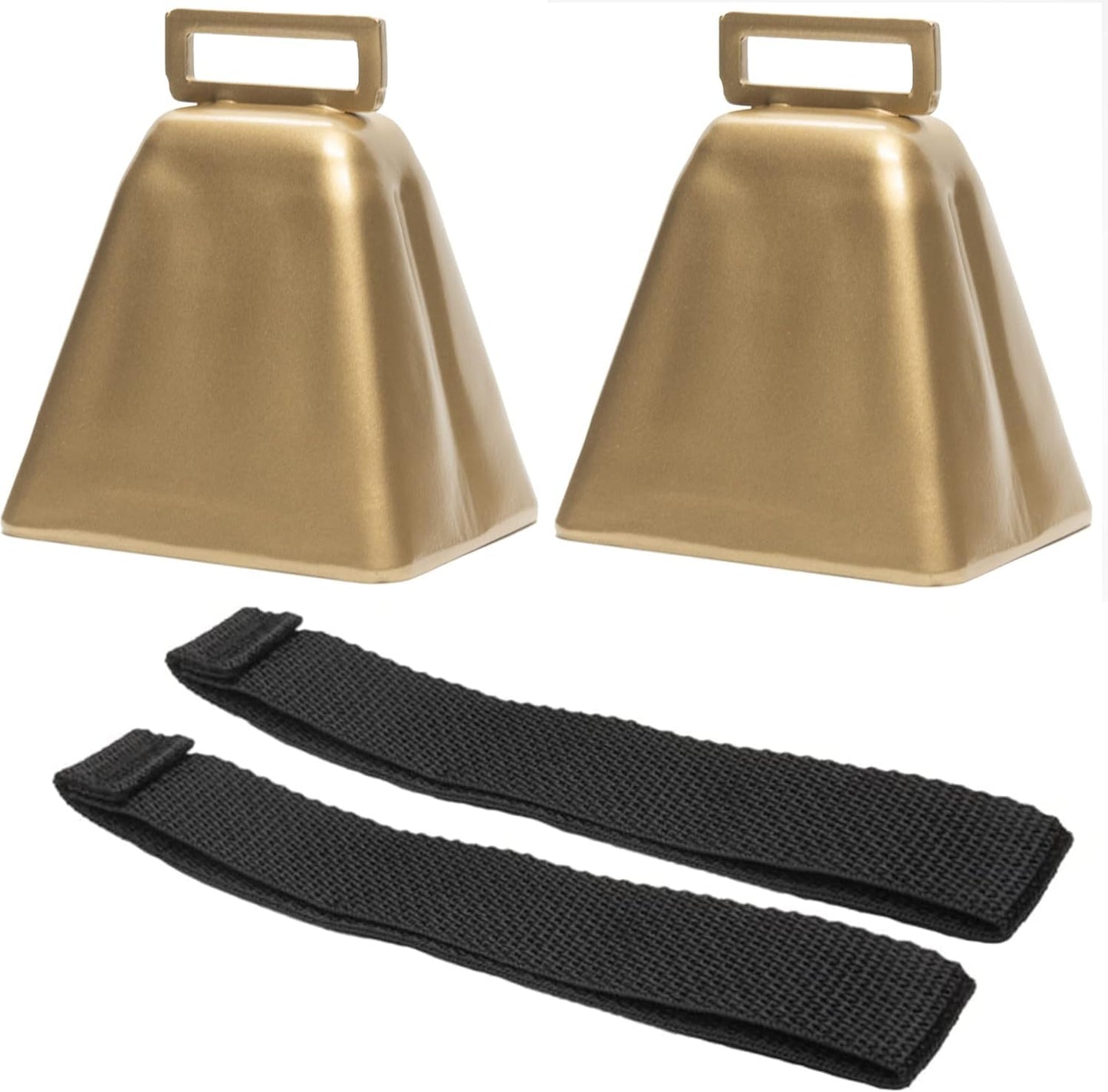 Bevin Bells Long Distance Cow Bells 10LD (Gold & Gold) | Christmas Bells | Made from Steel | Loud Noise Makers | w/White Strap Around The Handle | Easier to Hold | Made in CT, USA
