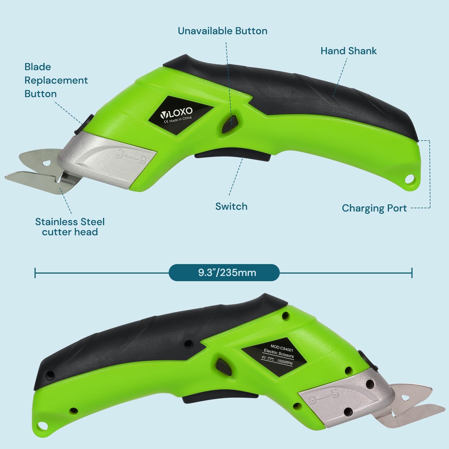 Cordless Electric Scissors, VLOXO Cardboard Cutter Electric Fabric Scissors with Replace Blade Rechargeable Powerful Fabric Cutter for Crafts Leather Carboard Carpet Plastic Felt with Case Green