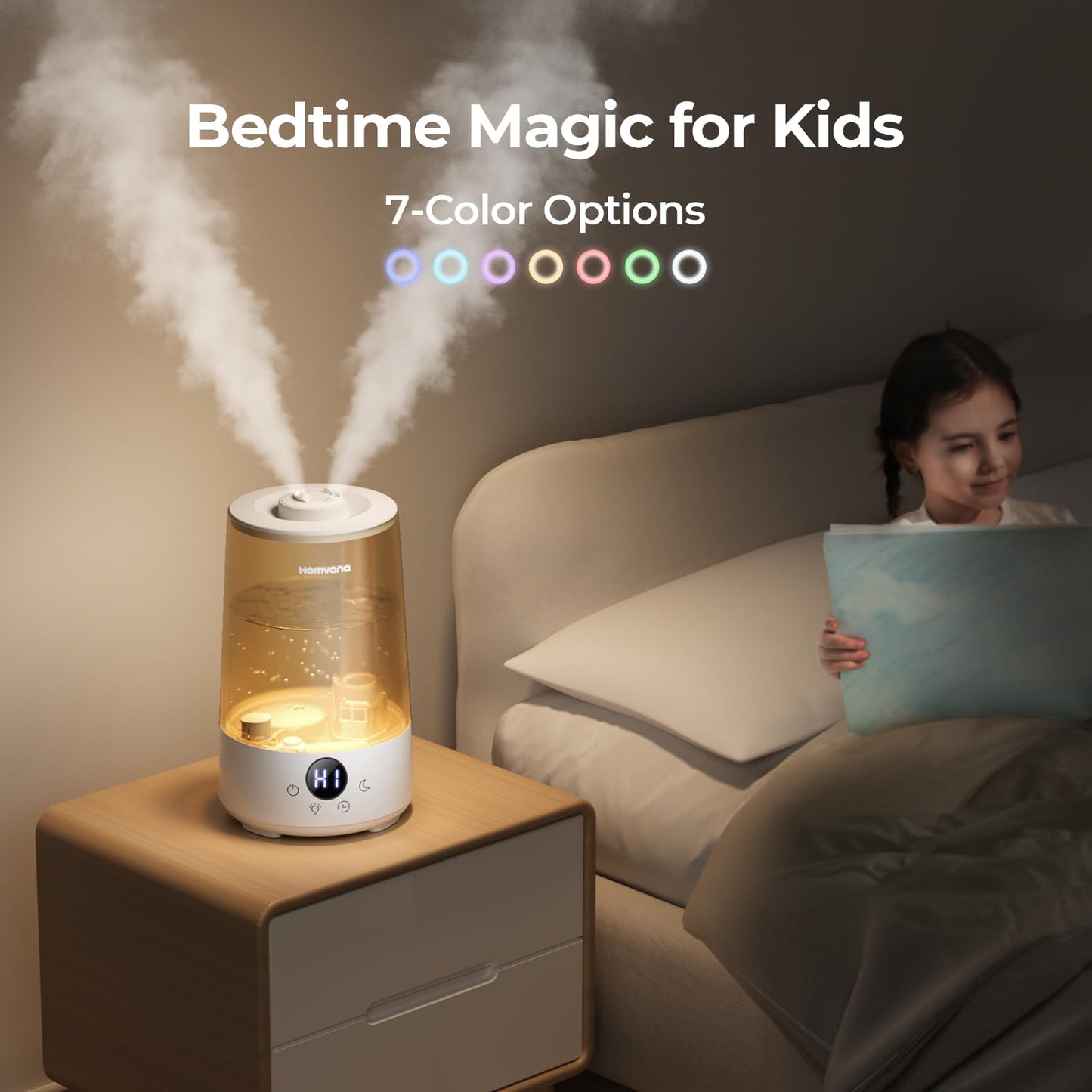 Homvana Humidifiers for Bedroom Home, 3.6 L Cool Mist Top-Fill 34H Super Long Time, Quiet 16dB, Baby Humidifier, Oil Diffuser Large, Plants, Nursery, Office BPA FREE, 7 Color Light (Grey)