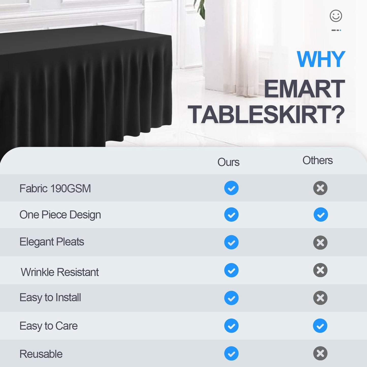 EMART Black Rectangle Table Skirt for 8ft, Spandex Tablecloth Cover for Banquet Wedding Birthday Party