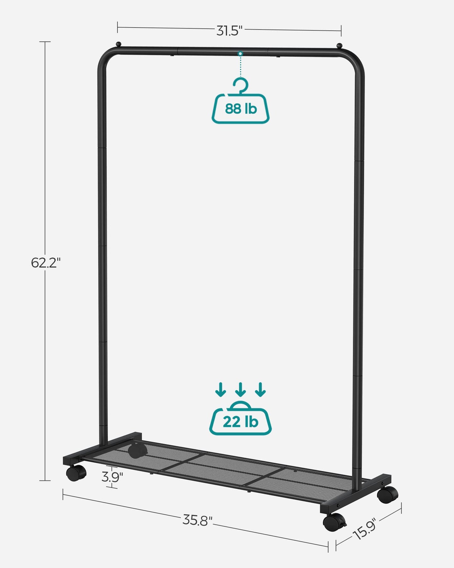 SONGMICS Clothes Rack with Wheels, 35.8 Inch Garment Rack, Clothing Rack for Hanging Clothes, with Dense Mesh Storage Shelf, 110 lb Load Capacity, 2 Brakes, Steel Frame, Black UHSR25BK
