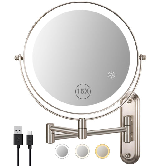 15x Magnifying Mirror, 8.5in Wall Mounted Lighted Makeup Mirror, Magnifying Mirror with Double-Sided, 3 Color Lights for Makeup,365°Swivel for Shaving - Nickel