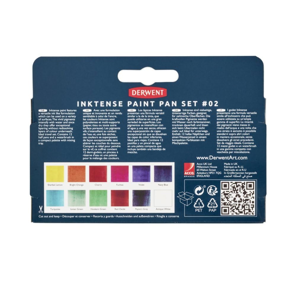 Derwent Inktense Paint Pan Travel Set, Palette #2, Includes Waterbrush, 12 Colours (2306244)