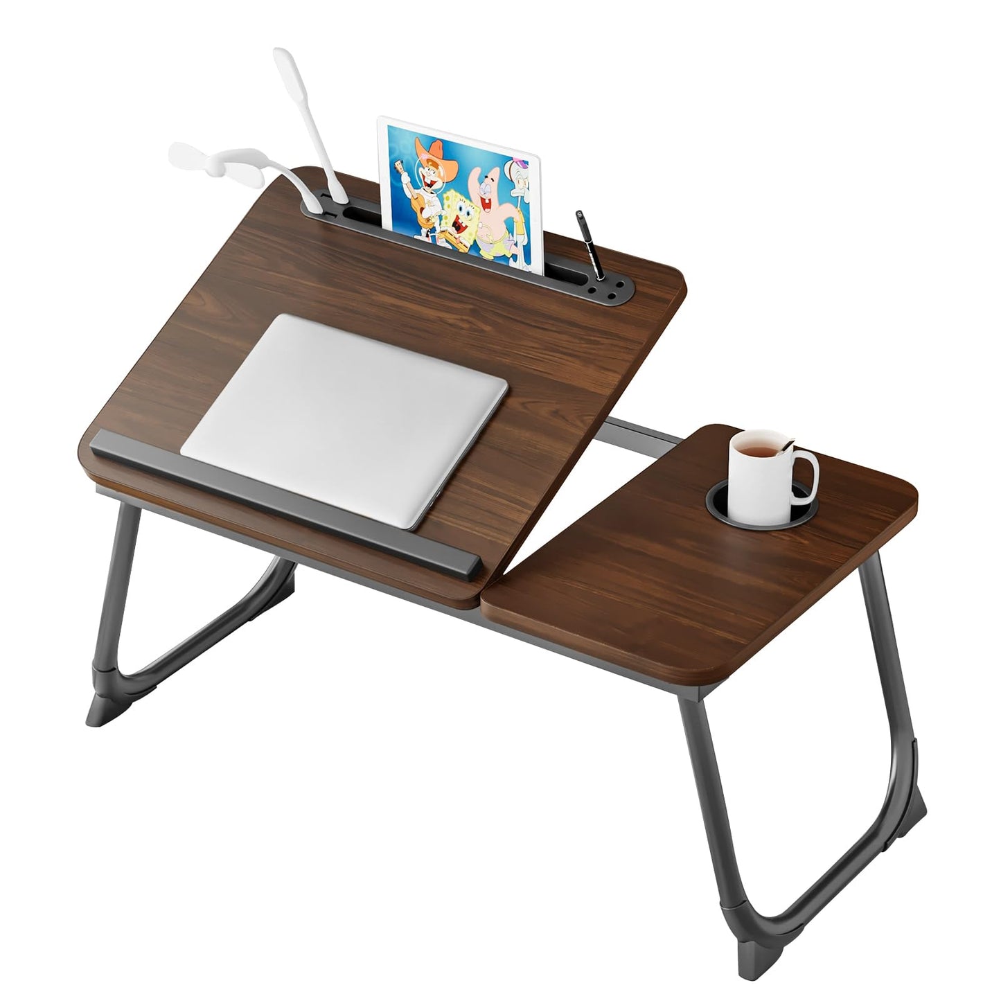 Laptop Desk for Bed, Adjustable Laptop Stand with 5 Adjustable Angles, Portable Lap Tray Table with USB Charge Port and Cup Holder, Laptop Bed Desk Tray for Eating Working (Brown)