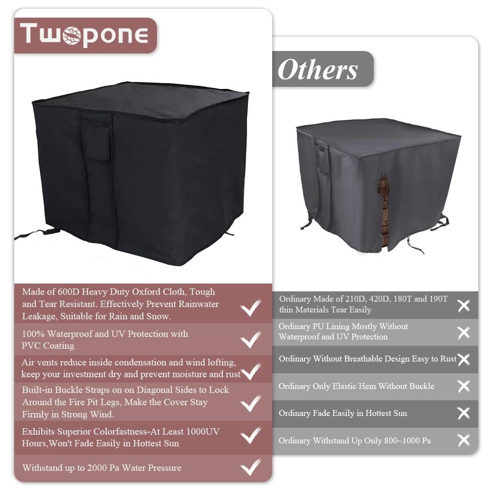 TwoPone Fire Pit Cover Square - Waterproof Windproof Anti-UV Heavy Duty Gas Fire Pit Cover, 32 Inch Patio Fire Table Cover