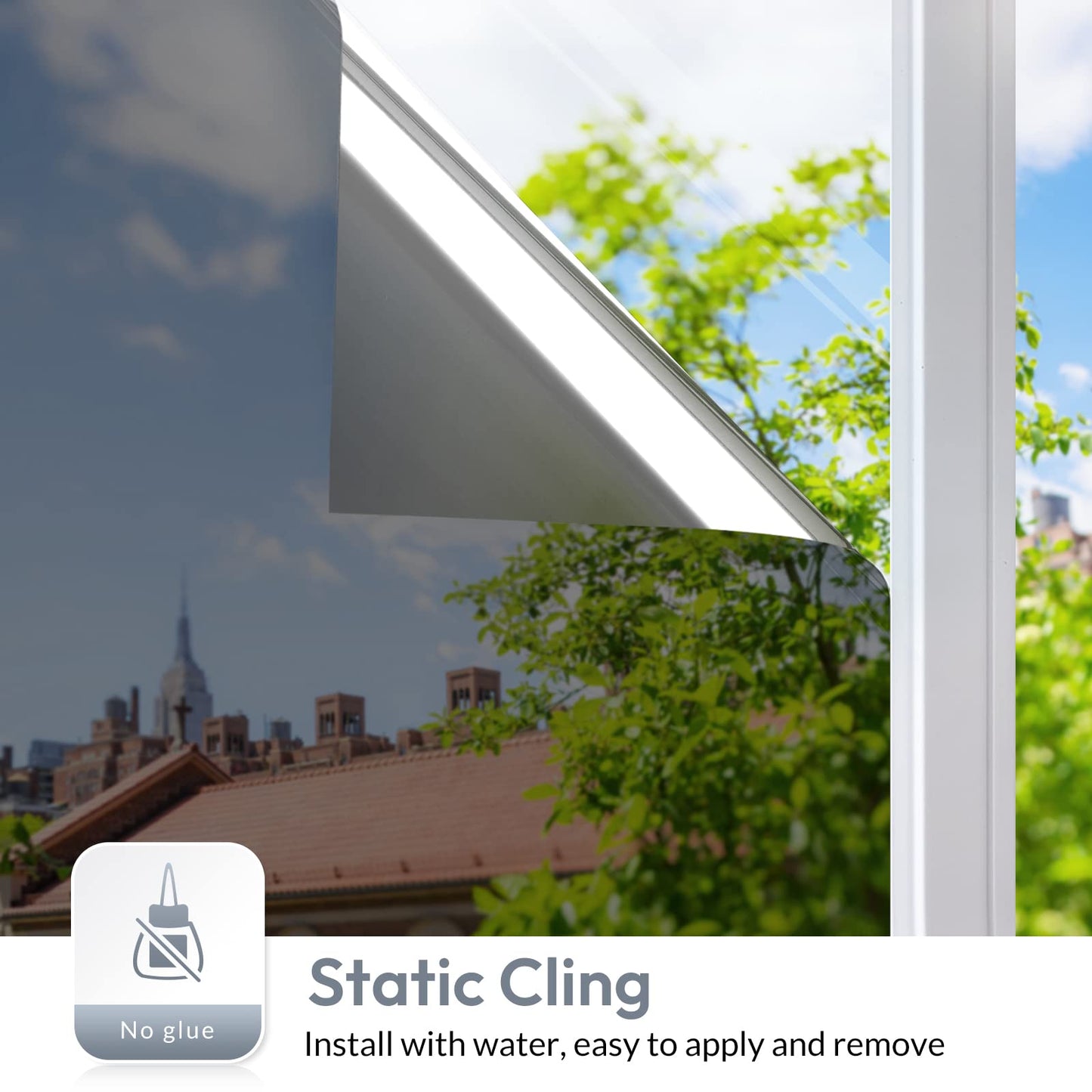 rabbitgoo One Way Window Film Daytime Privacy Window Tint Film for Home and Office, Static Cling Heat Control Anti UV Sun Blocking Reflective Mirror Vinyl, 60x200cm, 23.6"x78.7", Black Silver