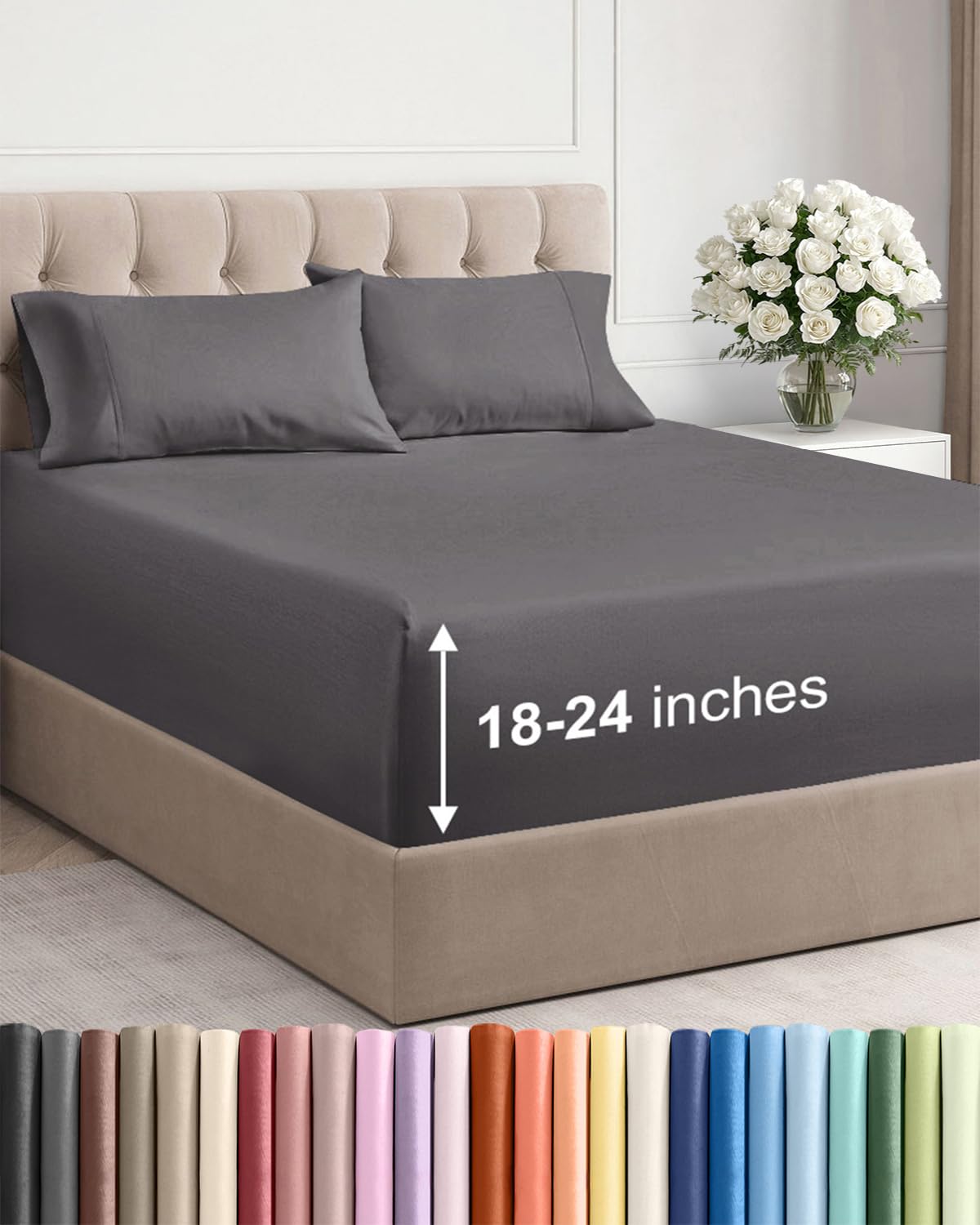 Extra Deep Pocket Queen Sheets - 4 Piece Breathable & Cooling Bed Sheets - Hotel Luxury Bed Sheet Set - Soft, Wrinkle Free & Comfy - Easily Fits Extra Deep Mattresses - Deep Pocket Dark Grey Sheets