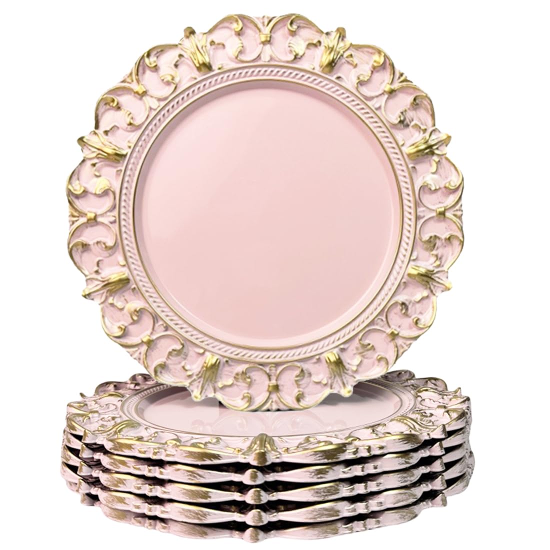 UOEKCS Pink Charger Plates, 13 Inch Plate Chargers for Dinner Plates. Set of 6 Plastic Embossed Charger for Dinner, Party, Wedding.