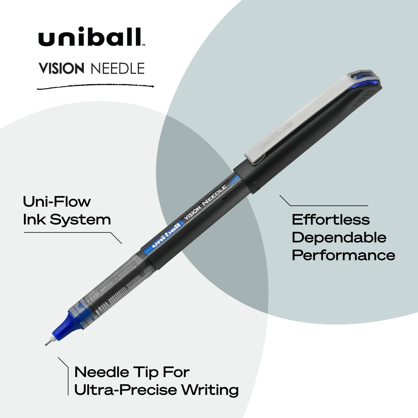 uni-ball VISION NEEDLE Rollerball, Stick Roller Ball Pen Micro-0.5mm, 12 Pack, Blue Ink (1734919)