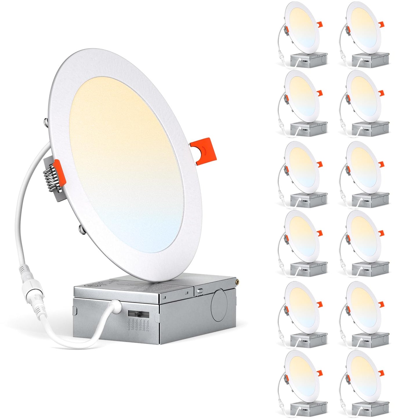 12 Pack 4 Inch 6CCT LED Recessed Pot Lights with Junction Box, Dimmable IC-Rated Ultra-Thin Ceiling Light, 2700K 3000K 3500K 4000K 5000K 6000K Color Changeable 9W 75W Eqv, 750LM