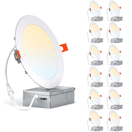 12 Pack 4 Inch 6CCT LED Recessed Pot Lights with Junction Box, Dimmable IC-Rated Ultra-Thin Ceiling Light, 2700K 3000K 3500K 4000K 5000K 6000K Color Changeable 9W 75W Eqv, 750LM