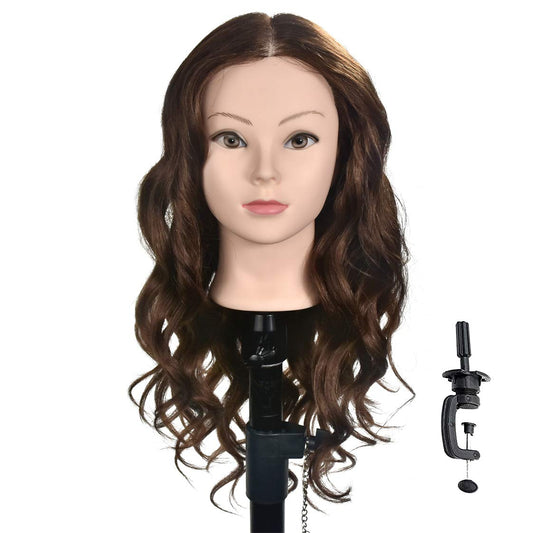 20" -22" Training Head with Human Hair Mannequin Head Manikin Doll Head for Brading Hair Hairdressing Hair Styling Head with Free Table Clamp