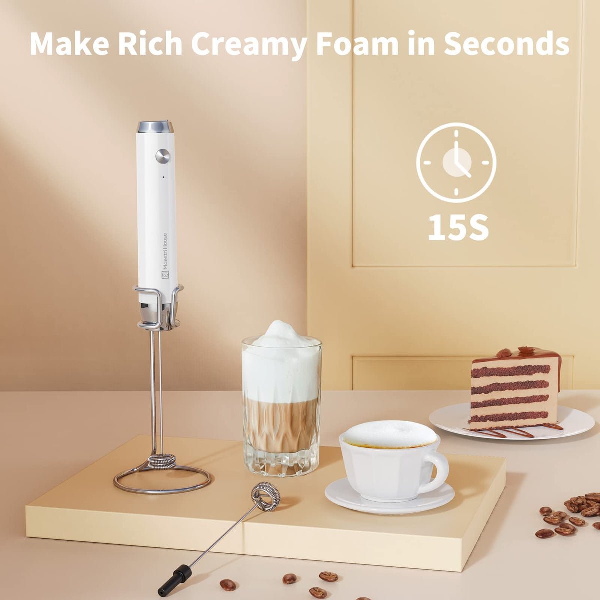 Maestri House Rechargeable Milk Frother, Handheld Electric Foam Maker Waterproof Detachable Stainless Steel Whisk Drink Mixer Foamer with Stand, LunaFro