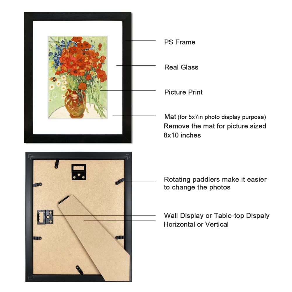 DEKWINN 8x10 Picture Frame Set of 6 with Real Glass for Pictures 5x7 with Mat or 8x10 Without Mat, Wall Gallery or Tabletop display Photo Frames in Black