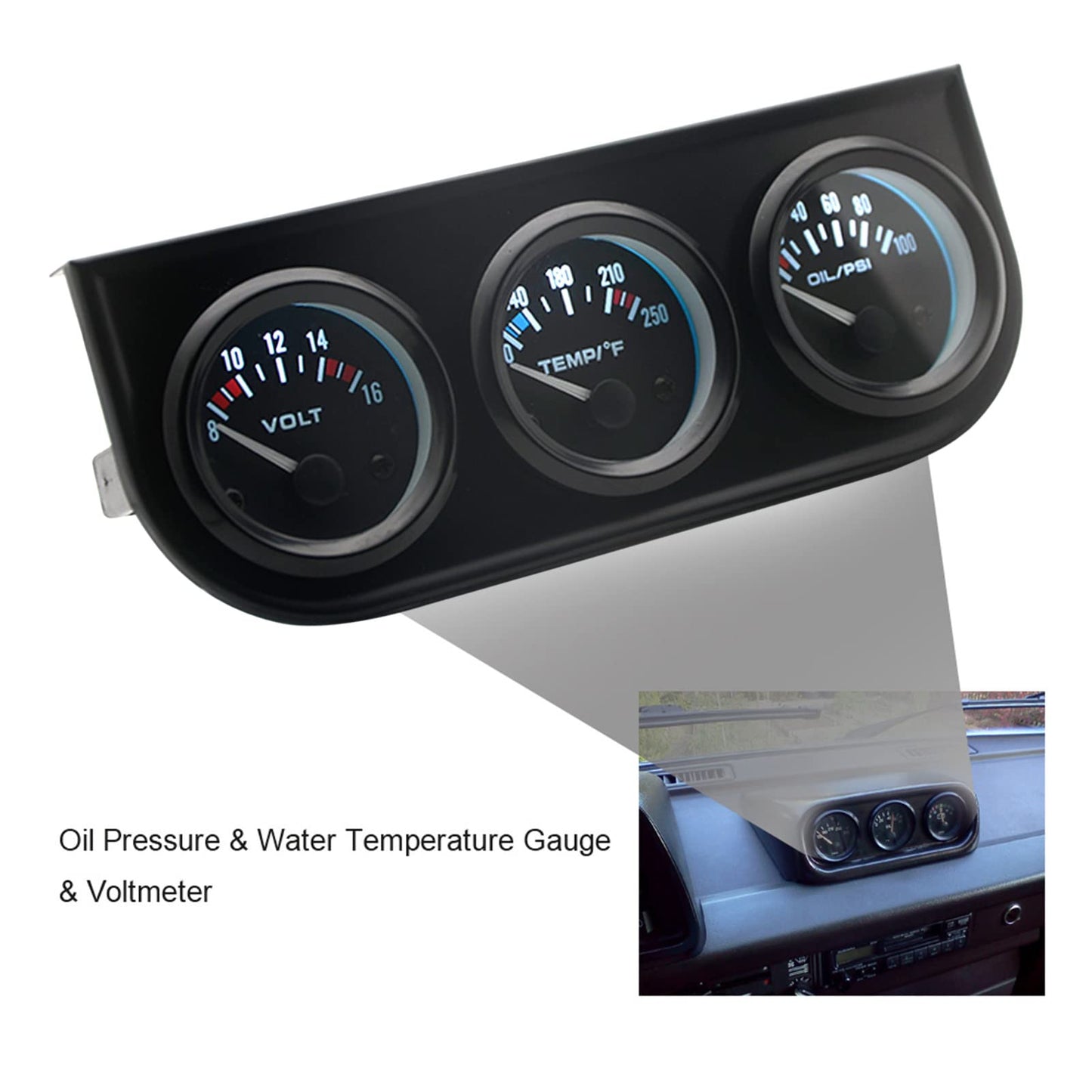 Shkalacar Triple Gauge kit Volt Meter Water Oil Press Pressure Gauge Temp Temperature Gauge 3 in 1 Kit Car Meter Auto Gauge, 52MM Voltmeter Chrome