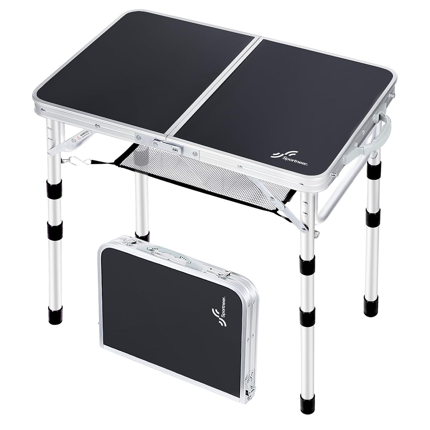 Sportneer Small Folding Table 2ft, 4 Adjustable Height Folding Camping Table with Mesh Layer Lightweight Portable Folding Camping Tables Aluminum Camping Table Outdoor Table for Picnic Beach BBQ