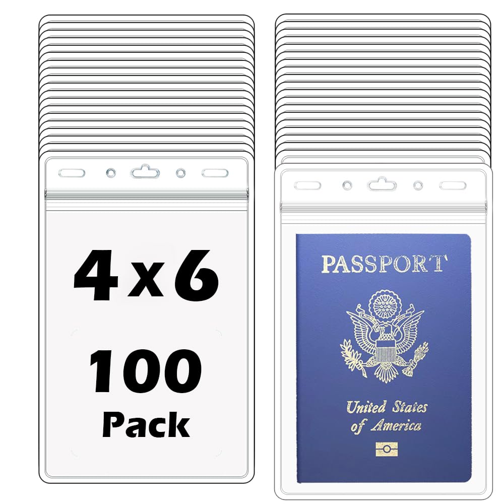 100 Pack -Extra Large 4 3/8 X 6 Passport & Badge Holder - Sealable Clear Plastic 4 X 6 Card Insert Protector for Sports Tickets, Press Passes and Name Badges by WINURE