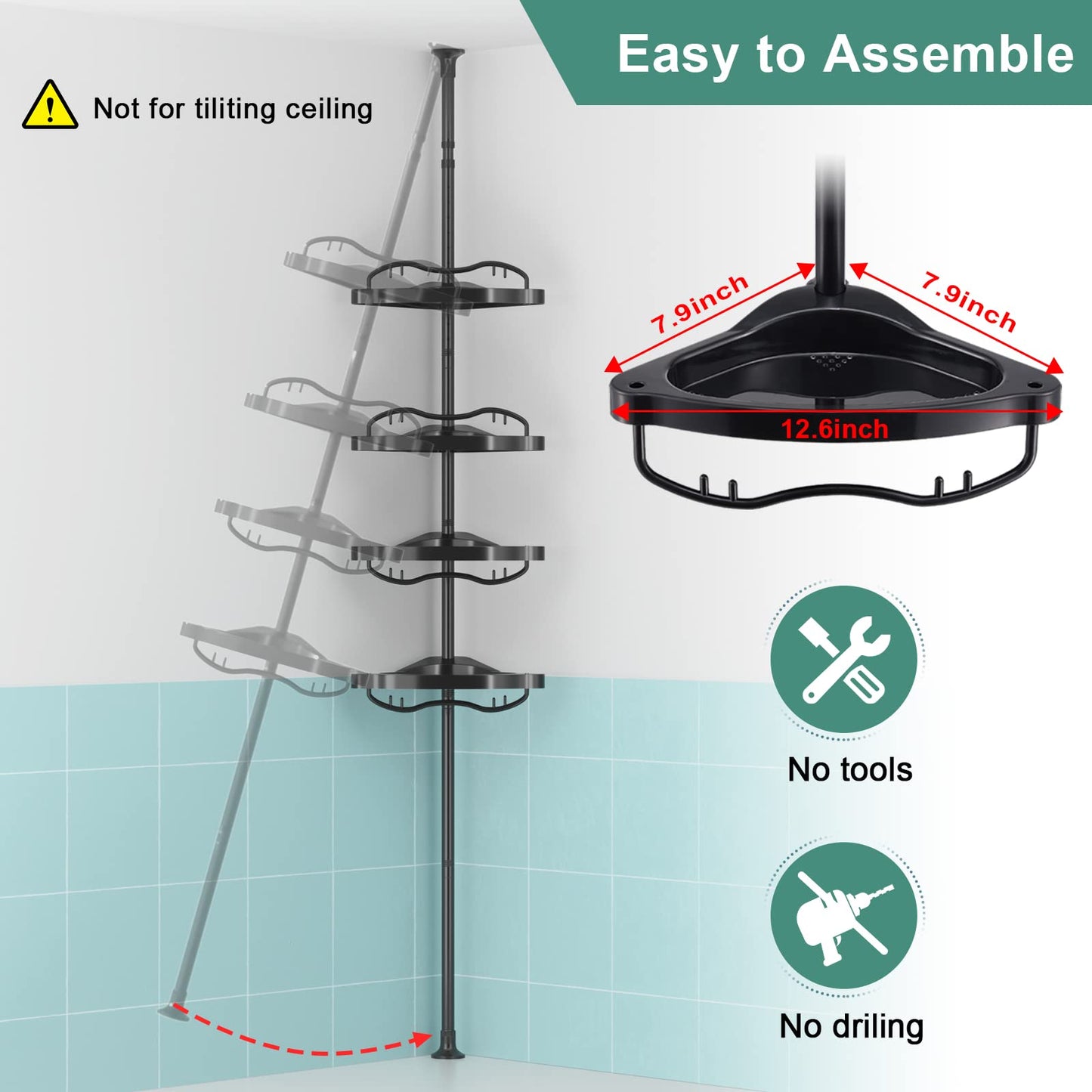 COCONUT Shower Caddy Tension Pole, Corner Shower Caddy Rust Proof 4 Tier Shower Organizer, Drill Free Telescoping Shower Shelves for Bathroom Bathtub (Black)