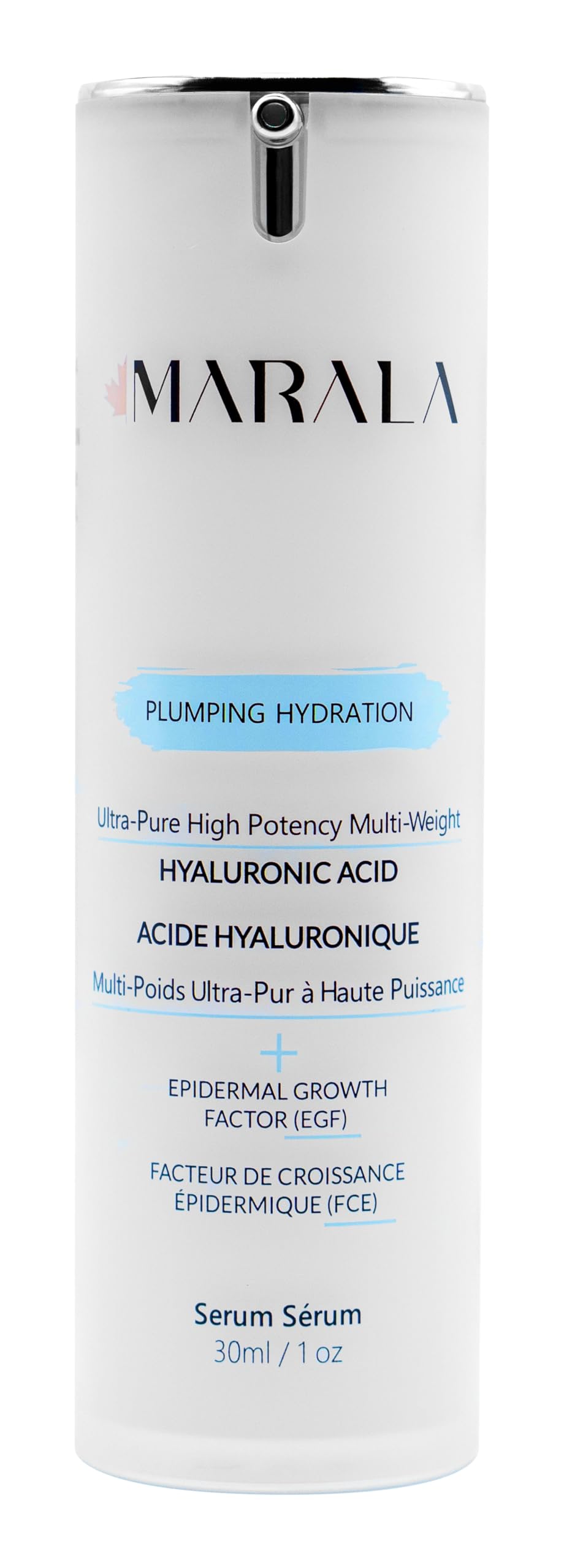 The Serum by Marala Clean & Natural Ingredients For Radiant, Healthy Skin. Professional grade skincare with active ingredients: Multi Weight Hyaluronic Acid and Epidermal Growth Factor Peptides; 30 ml / 1oz
