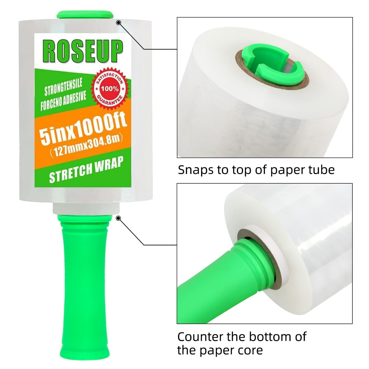 ROSEUP Mini Stretch Wrap Film with Handles, 5 in x 1000 ft, 80 Gauge Heavy Duty Clear Stretch Film for Moving, Packing, Bundling, Pallet Wrap and Storage, 4 Pack