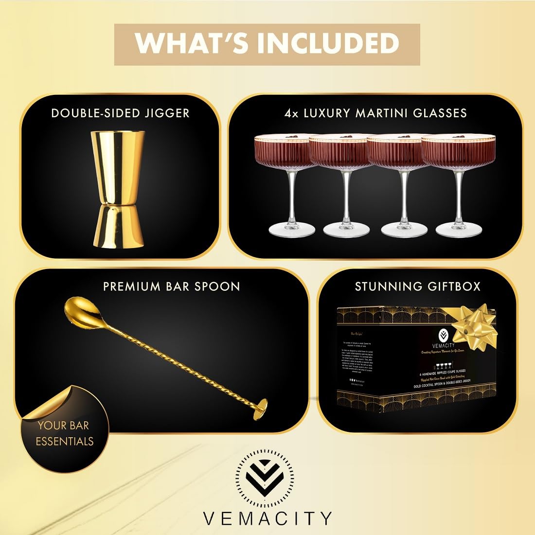 Vemacity Ribbed Espresso Martini Glasses Set of 4 with Gold Rims, Bar Spoon & Jigger | Coupe Cocktail Glass | Champagne Saucers | Ribbed Glassware | Coupe Glasses | Ideal for Martinis and Cocktails