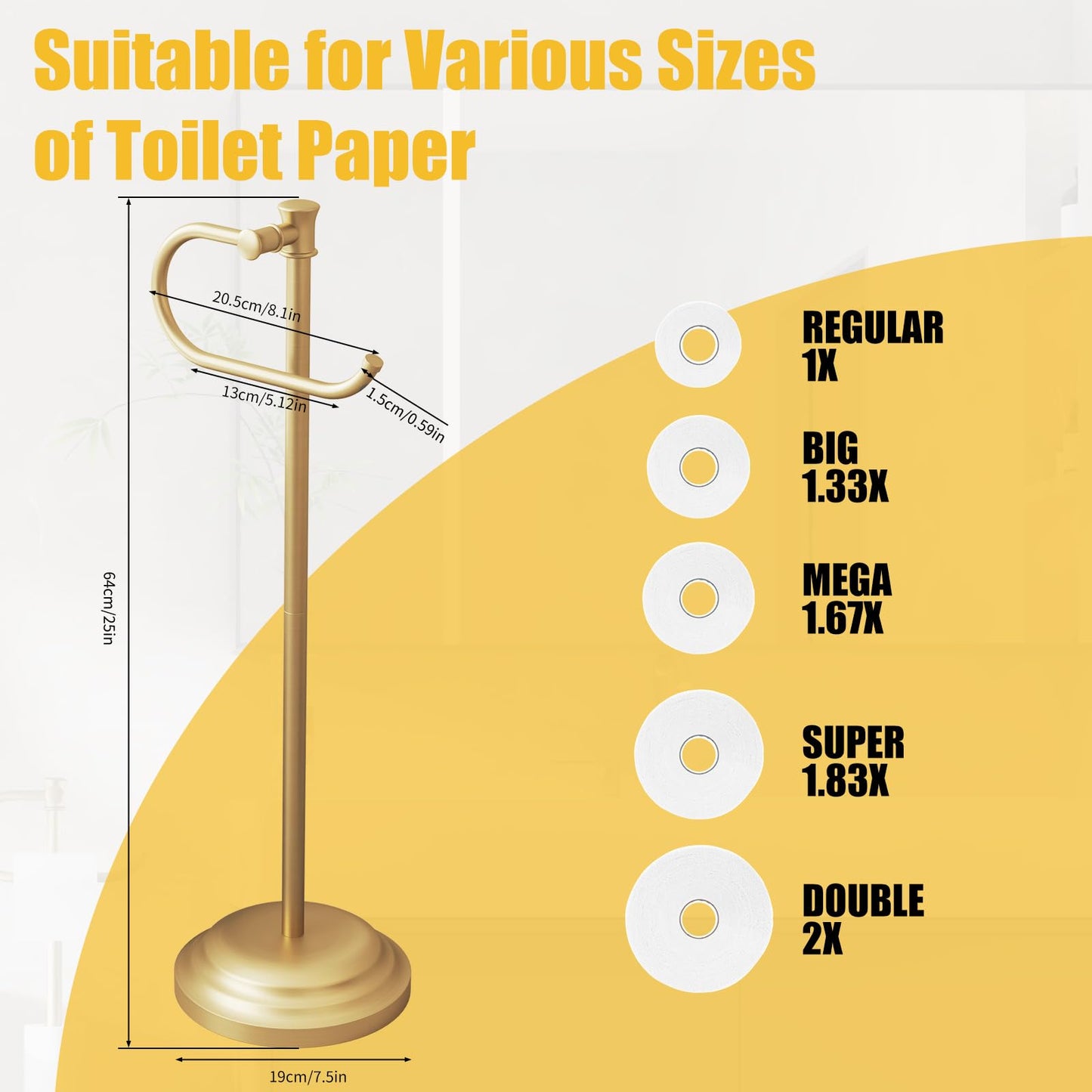 BESy Toilet Paper Holder Free Standing Bathroom Toilet Tissue Holder Stand for Floor Toilet Paper Roll Holder with Storage Hardware Accessories Rack Non Adjustable Brushed Gold Stainless Steel