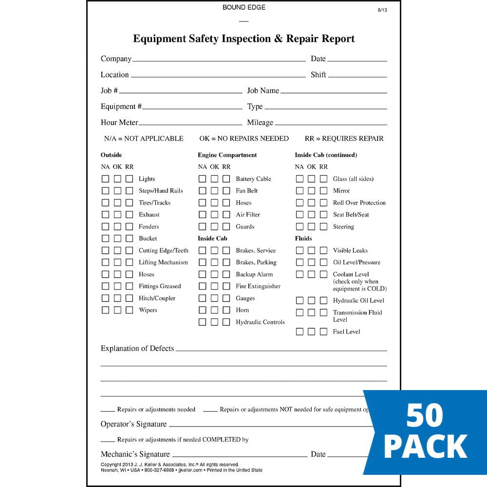 Equipment Safety Inspection Report 10-pk. - Book Format, 2-Part NCR, 5.5" x 8.5", 31 Sets of Forms Per Book - Detailed Report Helps Maintain Safe Workplace Utility Vehicles - J. J. Keller