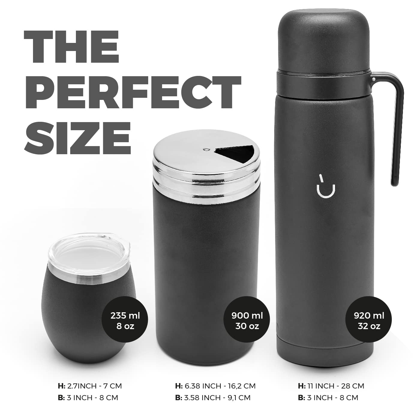 BALIBETOV Mate Cup Set – Modern Gourd, Thermal Bottle, Yerba Container (Yerbero), Bombilla (Straw) and Cleaning Brush – 304 18/8 Stainless Steel (Black)