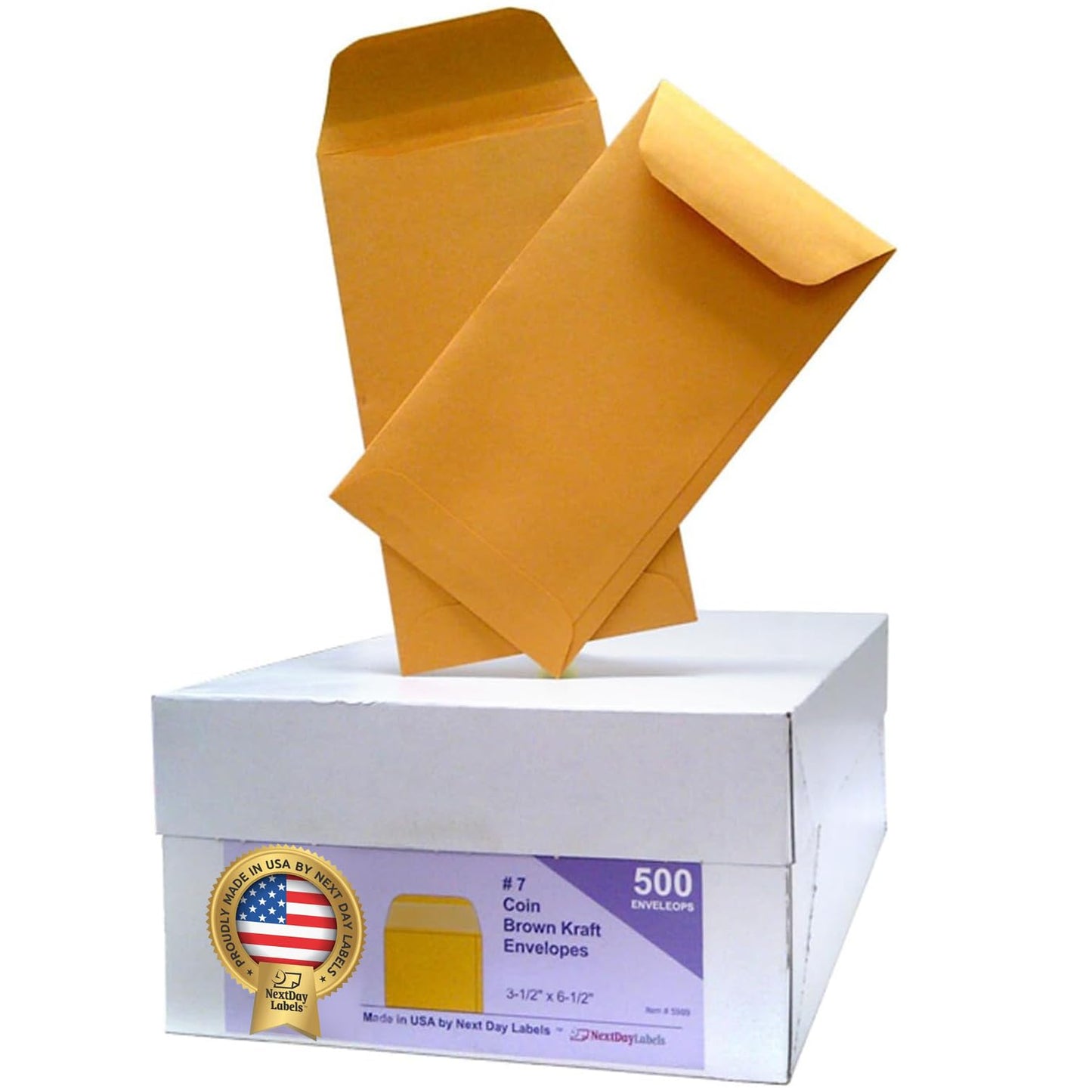 NextDayLabels 7 Coin Brown Kraft Envelopes Gummed Flap (Pack of 500, 3.5 x 6.5 Inch)