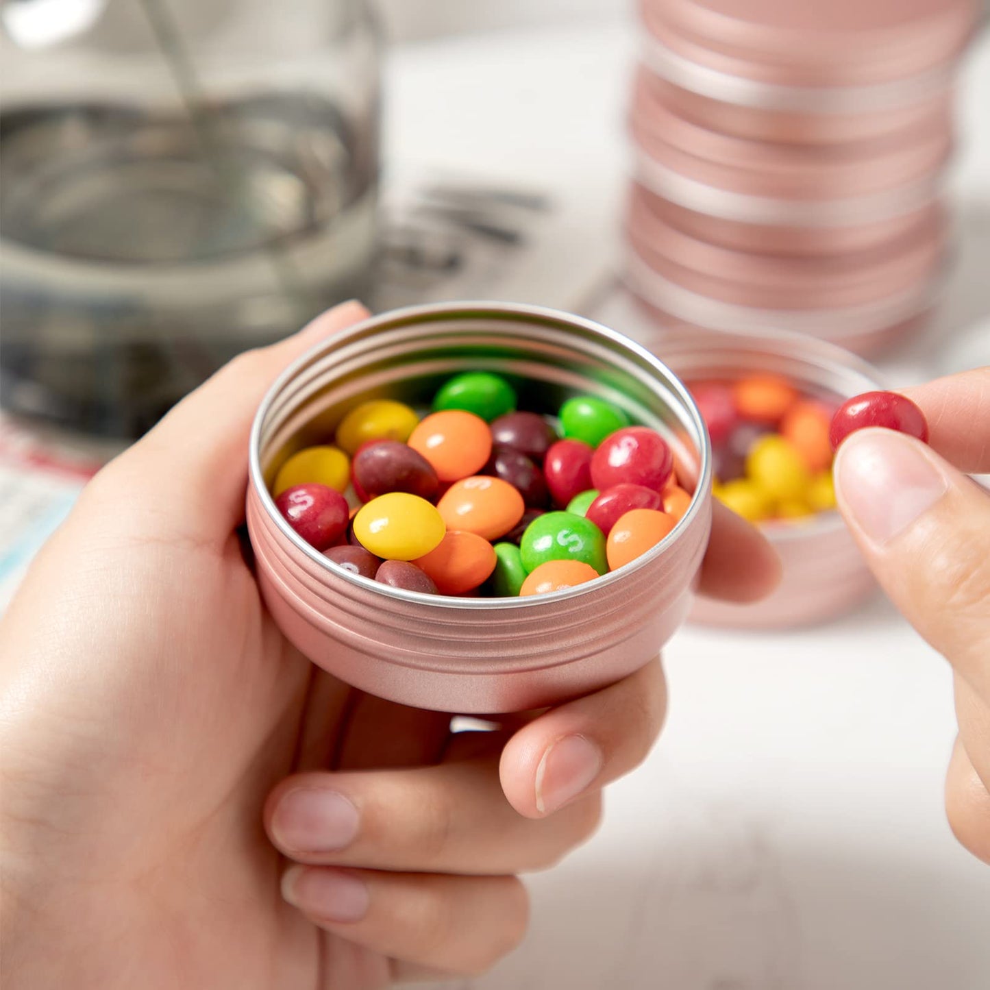 2 oz Metal Round Tins Aluminum Tin Cans Salve Tins Containers with Screw Lid 10 Sheets Stickers for Salve Spice Candies Balms Candles, 36 Pack (Rose Gold)