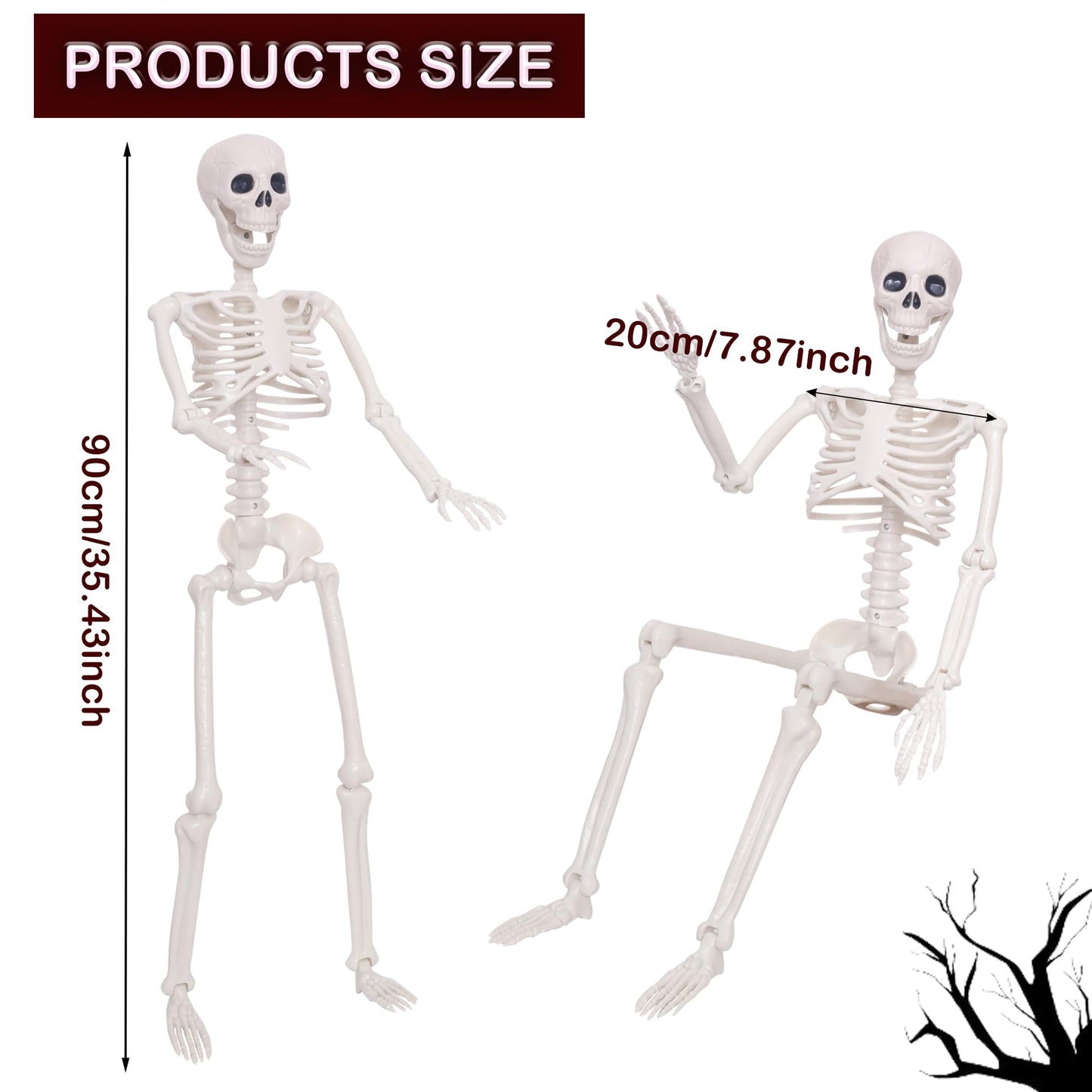2Pcs Halloween Skeleton Decor,3Ft Life Size Skeleton with Movable Joint for Halloween Decorations