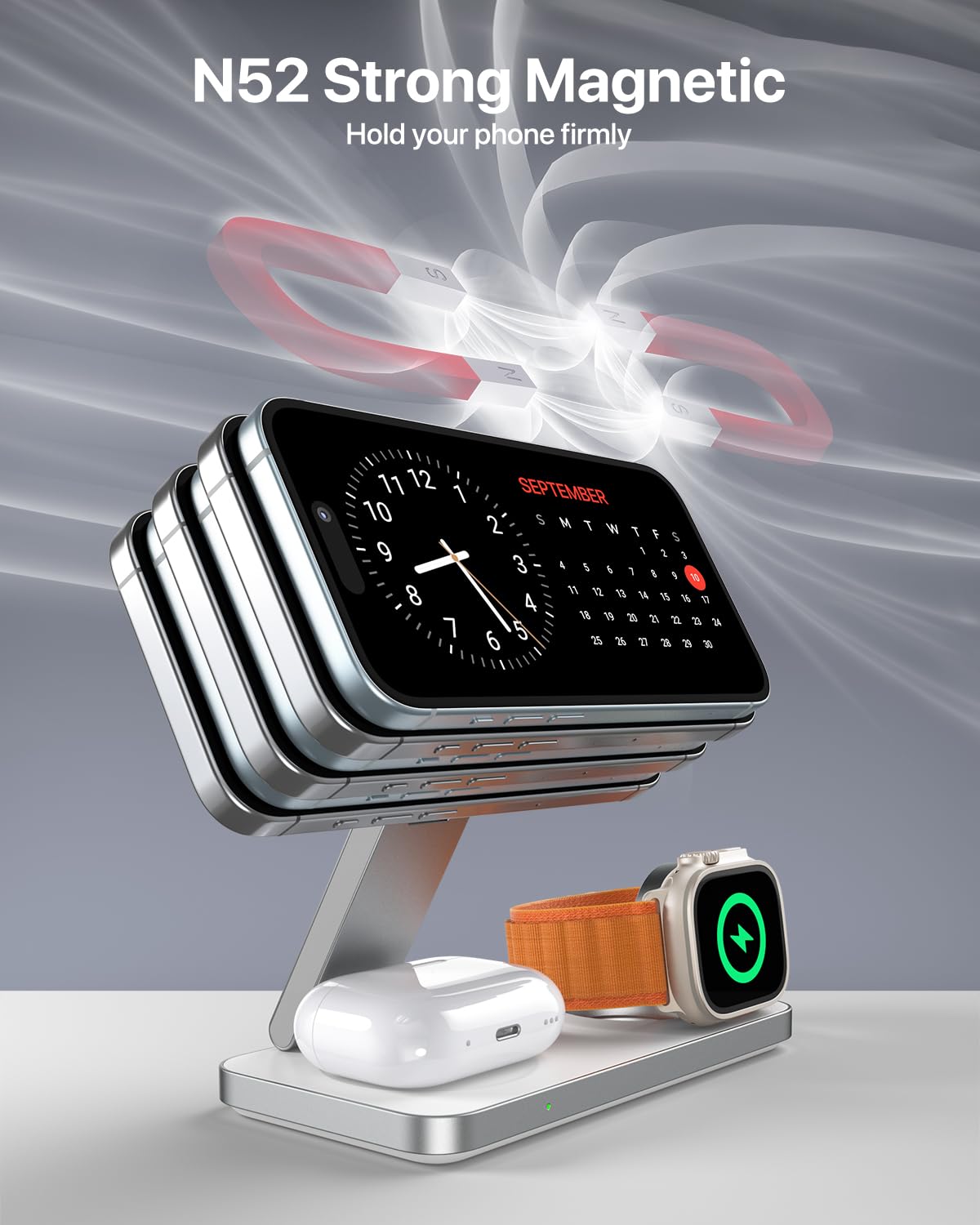 3 in 1 Wireless Charging Station, Magnetic Foldable Fast Mag-Safe Charger Stand Compatible with Apple Devices iPhone Air/17/16/15/14/13/12, Apple Watch Ultra/SE/10/9/8/7/6/5/4, AirPods Pro/3/2 (White)