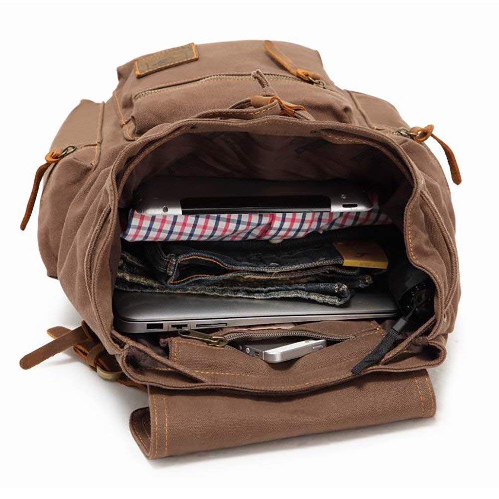 Koolehaoda Vintage Canvas Backpack Leather Rucksack Knapsack Unisex Casual Backpack 17inch Laptop Backpack Hiking Bag(L-Coffee)