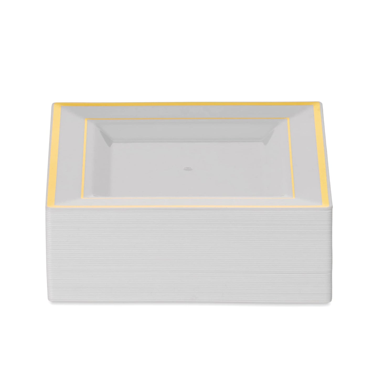 BloominGoods Plastic Disposable Square Dinner Plates | 50-Pack 9.5 inches White with Gold Rim Square Plates | Ideal for Weddings, Parties, & Catering | Heavy Duty & Non Toxic