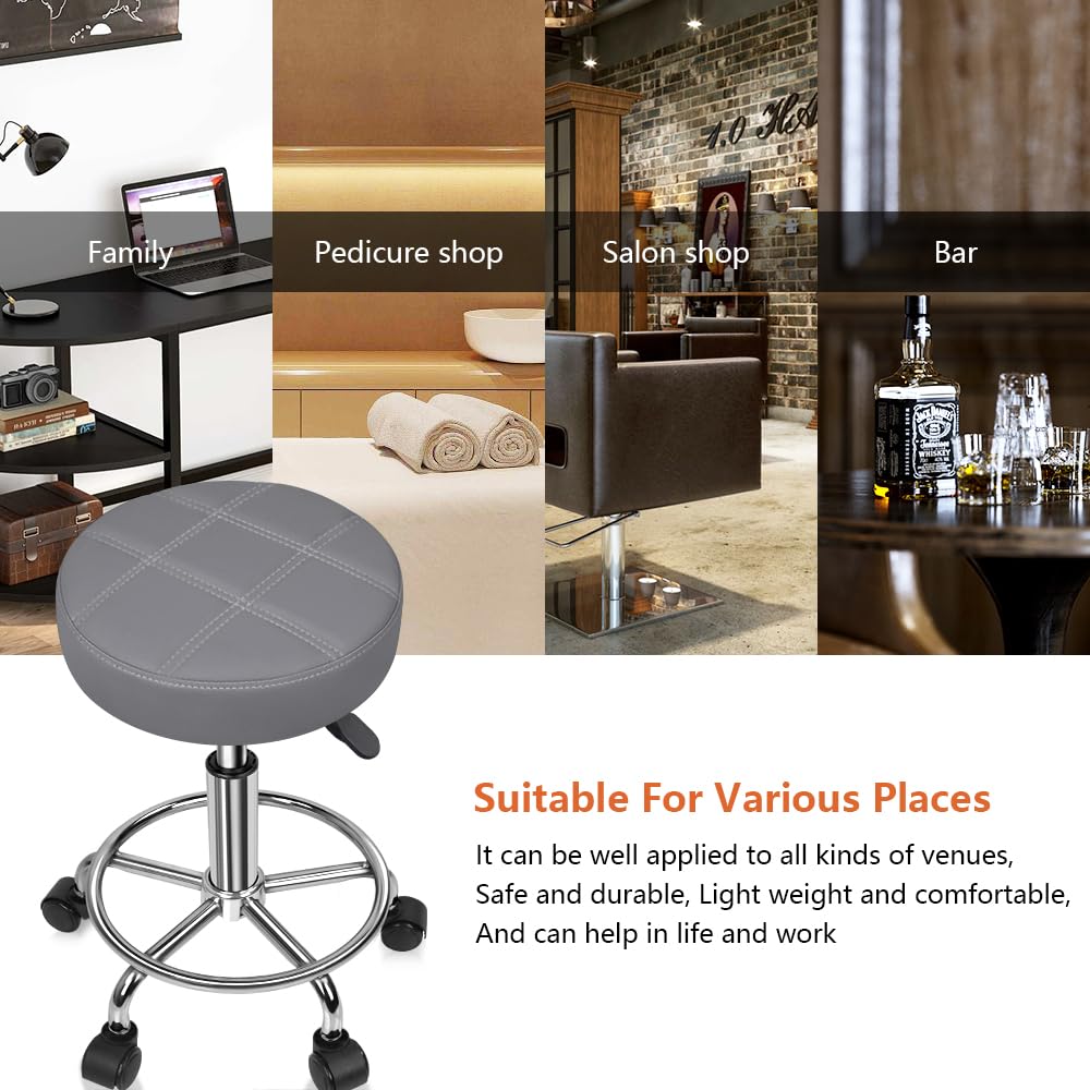 KKTONER Round Rolling Stool Chair PU Leather Height Adjustable Swivel Drafting Work SPA Shop Salon Stools with Wheels Office Chair Small (Gray)