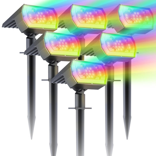 6 Packs Solar Christmas Garden Lights Outdoor, 18 LED RGB Solar Lights Outdoor, IP67 Waterproof, Adjustable Brightness Dusk to Dawn Solar Spotlights for Yard, Lawn, Walkway, Driveway