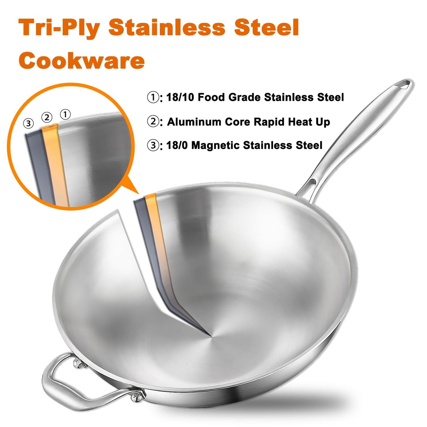 DELARLO Tri-Ply Stainless Steel Wok, 12 Inch Cooking Wok Pan with Lid, with Side Ear, Wide & Deep Cookware Stir-Fry Pans, Dishwasher and Oven Safe Up to 600°F, Works on Induction