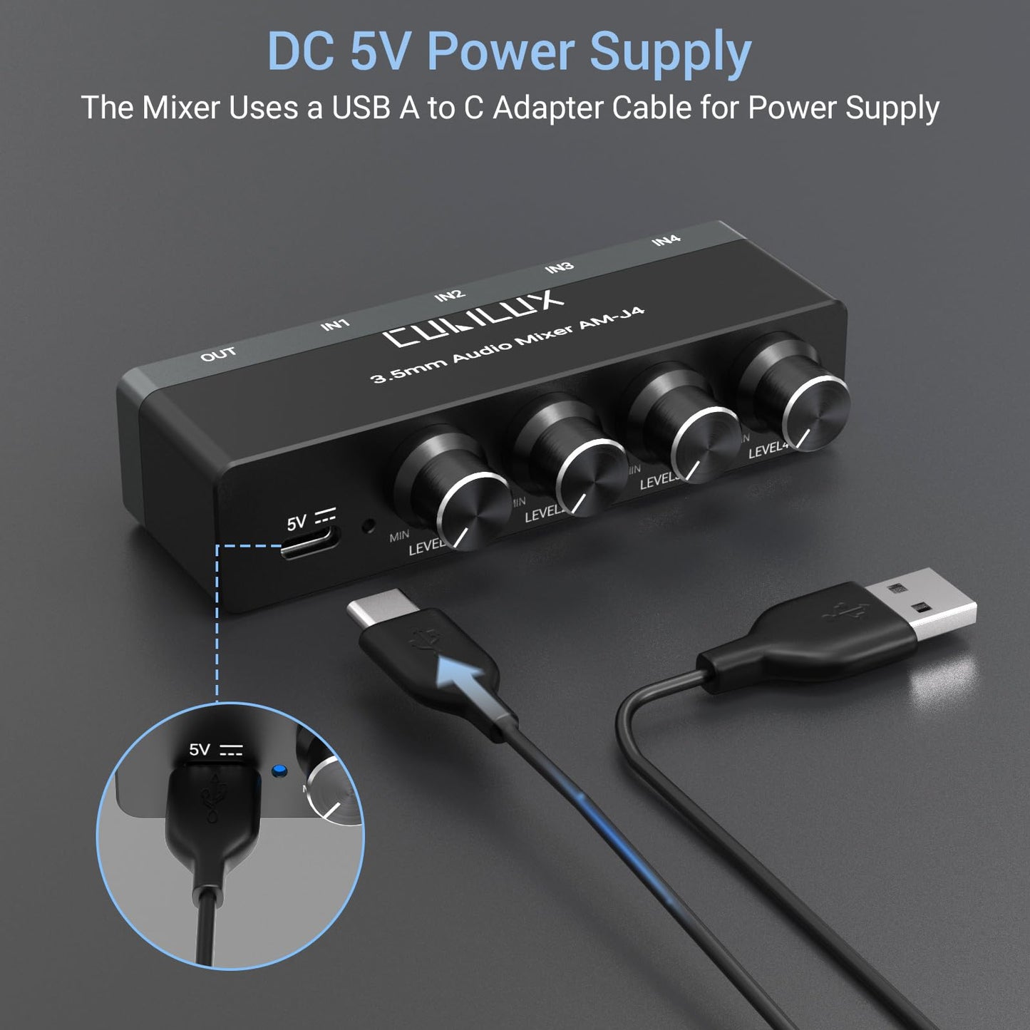 Cubilux 4-Channel 3.5mm Audio Mixer, Ultra-Low-Noise Mini Audio Mixer for Sub-Mixing, 1/8” 4 Channel Audio Switcher DC 5V, Suitable for Smartphone Audio System, Guitars, Bass, Keyboards