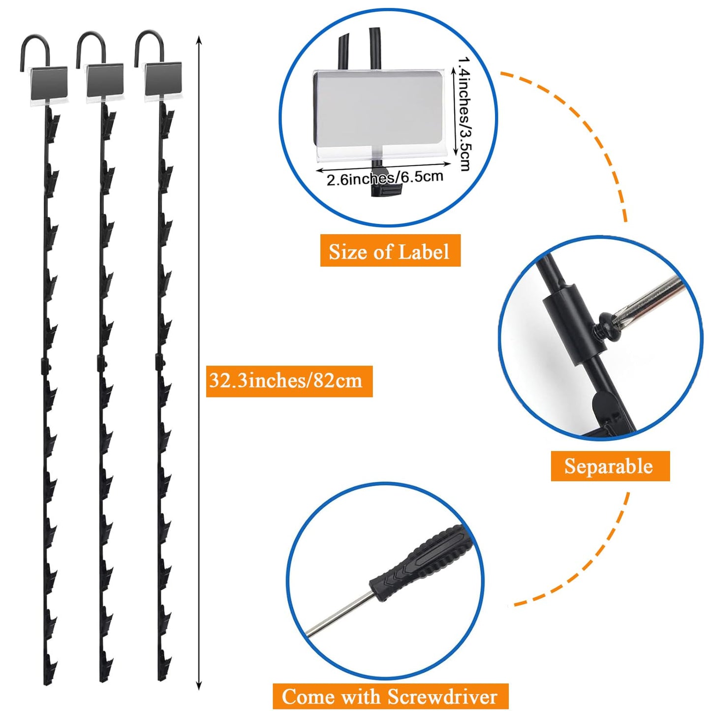 6 Packs Merchandise Hanging Strips with Hooks,Metal Chip Retail Display Strips, Merchandise Display Hanging Strips with 6pcs Label Plate and a Phillips Screwdriver