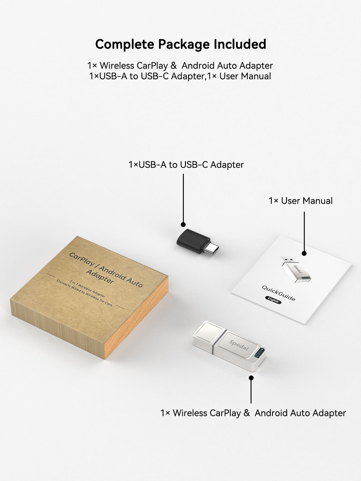 Spedal Wireless CarPlay & Android Auto Adapter – Compact USB-A/C Plug & Play Dongle, Converts Wired to Wireless, Retains OEM Controls, Fast Auto-Connect for iOS 10+/Android 11+ Cars 2016+ (Silver)