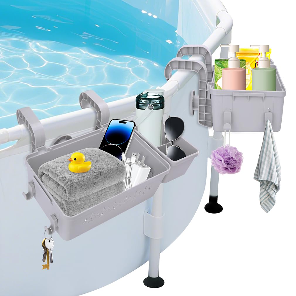 2 Pack Poolside Storage Basket - Swimming Pool Storage Baskets with Cup Holders Above Ground Pool Accessories Versatile Organizer for Pool Toys,Towels,Beverages, Fits 3 Inch or Less Top Rail