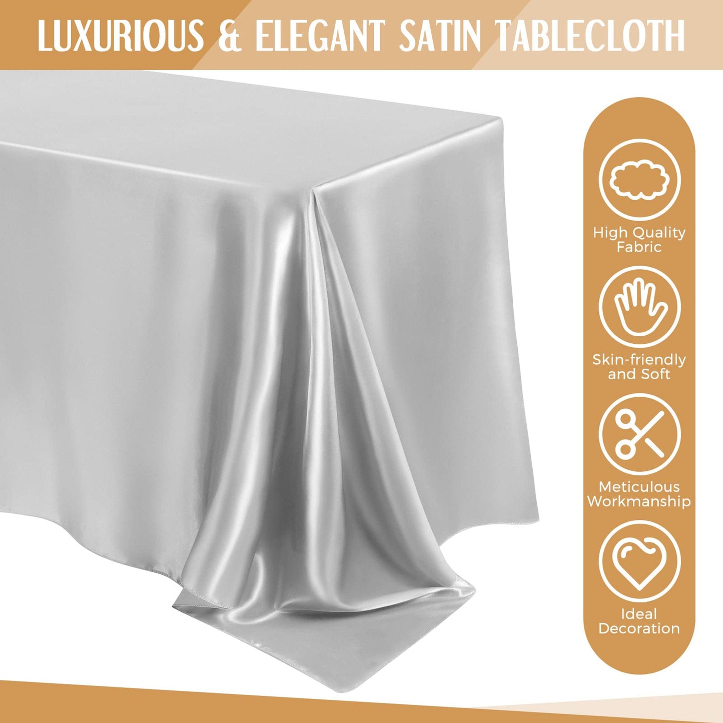 8 Packs Satin Tablecloth 102 x 58 Inches Rectangle Table Cover Silk Smooth Fabric Party Table Cloth for Rectangle Parties, Holiday Dinner Wedding Banquet Decoration(Silver)