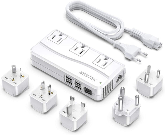 BESTEK 250W Power Converter International Step Down Voltage 220V to 110V Travel Converter with 3 AC Outlets 4 USB Including US/AU/EU/UK//India/South Africa Plug Adapter (White)