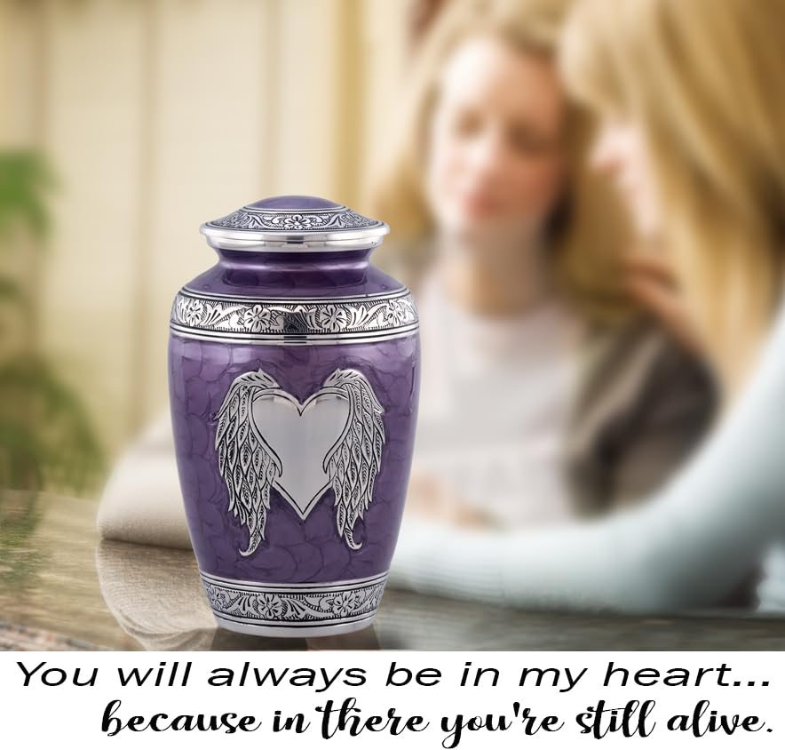 Angel Wings Urn - Loving Angel Wings Cremation Urn for Ashes - Handcrafted Angel Wings & Heart Adult Urn - Large Wings of Love Memorial Urn with Velvet Bag (Purple)