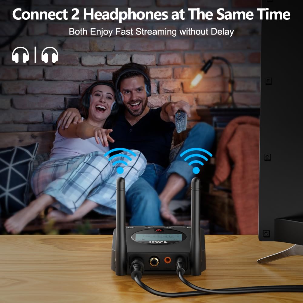 1Mii B06TX+ Long Range Bluetooth 5.2 Transmitter for TV/PC/Projector to 2 Wireless Headphones/Speakers, Bluetooth Adapter for TV w/Screen Display Plug n Play, aptX Low Latency & HD Audio