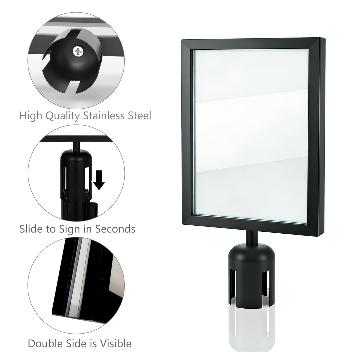2 Pack Stanchion Sign Holder, Stainless Steel Stanchion Sign Holder, Heavy Duty Black Vertical Display Frames for Crowd Control Signs, Double Sided Sign Holder for Events & Queues