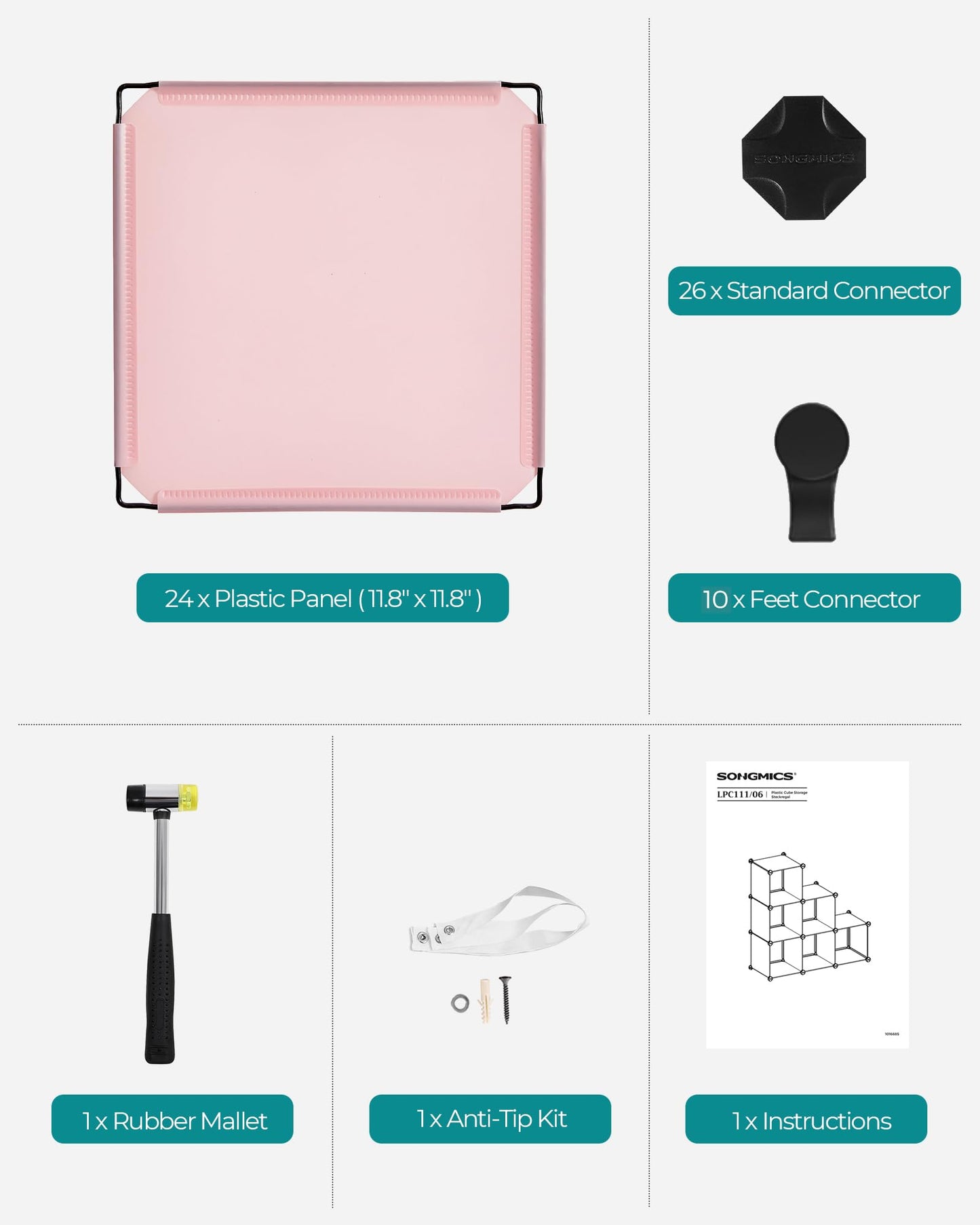 SONGMICS 6 Cube Storage Organizer, DIY Closet Shelf, Plastic Clothes Organizer, Modular Bookcase, 11.8 x 11.8 x 11.8 Inch Cubes, with Feet and Rubber Mallet, Pink ULPC111P01